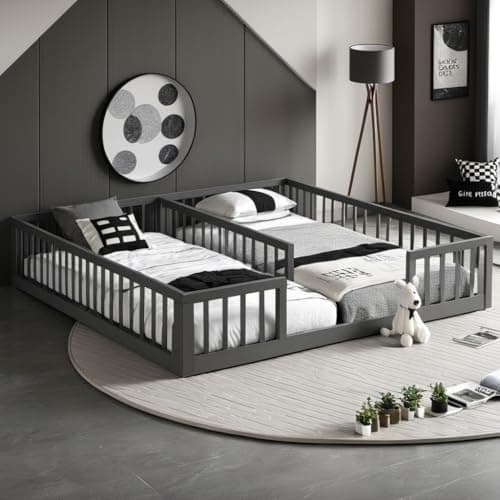 Montessori Floor Bed for Girls & Boys, Twin Size Safety Frame, Grey