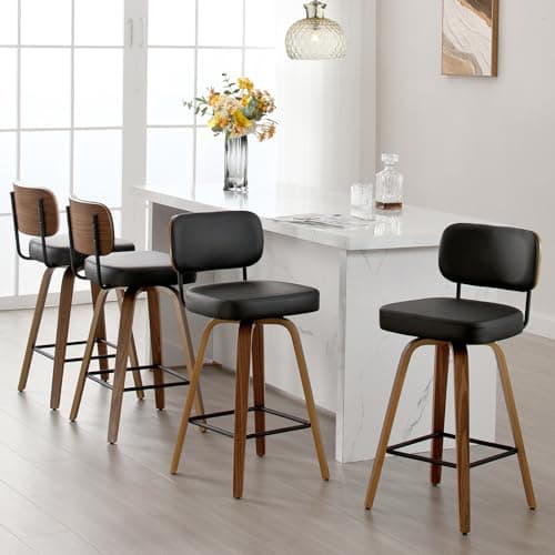 Set of 4 Swivel 26 Upholstered Faux Leather Bar Stools with Back and Wood Legs - Mid Century Modern Kitchen Counter Chairs in Black
