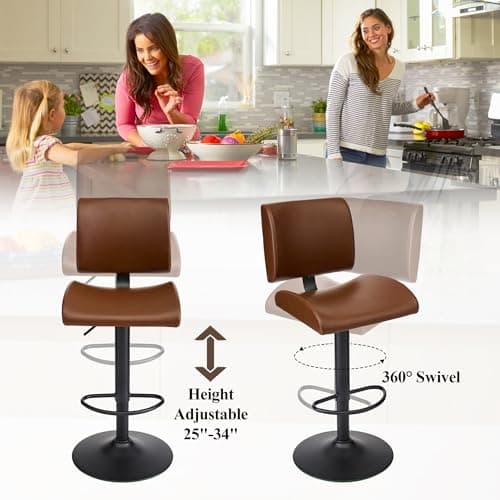 Modern Brown Adjustable Bar Stool Set with Back, Kitchen Island Seat (2PC)