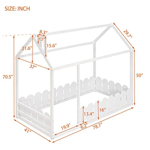 Wood House Bed Frame for Children with Full-Length Guardrail, Twin Size, White