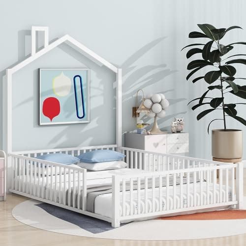 Full Size Metal Montessori Bed with Guardrail, White