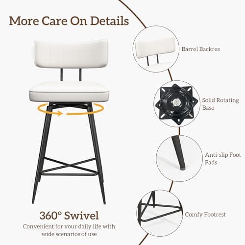 26 Inch White Leather Counter Swivel Stools with Back, Kitchen Bar Chairs Set of 2