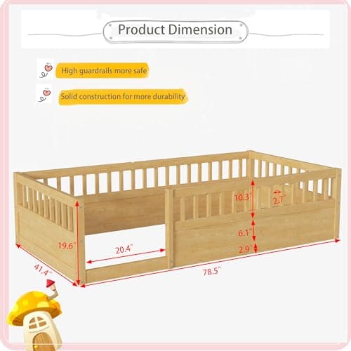 Montessori Bed for Kids Twin Size, Wood Playhouse with High Rails, Natural Tone