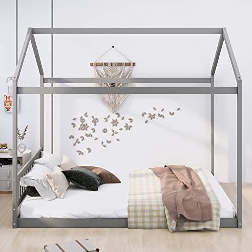 LUSPAZ White Wood House-Shaped Bed with Headboard, Sturdy Montessori Bed Frame for Toddlers & Babies