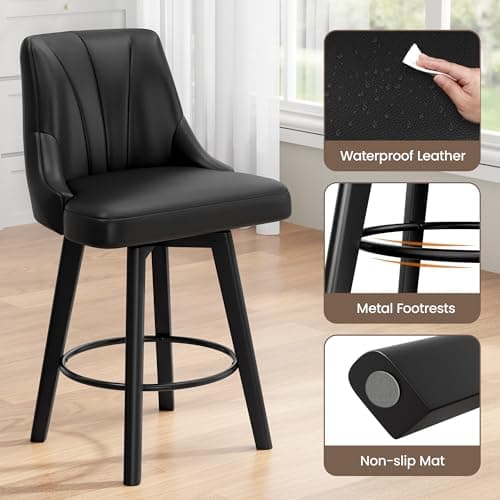 Counter Height Swivel Bar Stool Set, Black, 24" PU Leather, Kitchen Dining Room