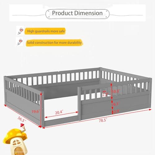 Montessori Full Size Floor Bed with High Rails, Gray for Kids Boys Girls Teens