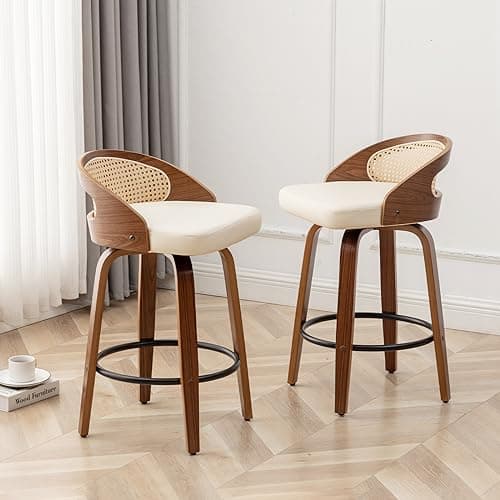 Mid-Century Modern Beige Rattan Swivel Bar Stool Set, 26" Walnut Finish