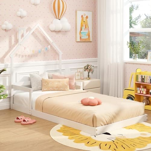 Giantex White Wood Floor Bed for Kids with Chimney Headboard & Handrail