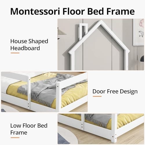 Modern Twin Size Montessori Floor Bed for Children, Boys, Girls - White