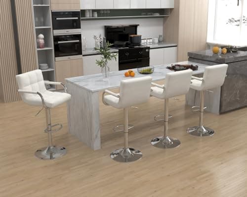 Modern PU Leather Bar Stools Set of 4, Whiteuously Adjustable Square Chairs