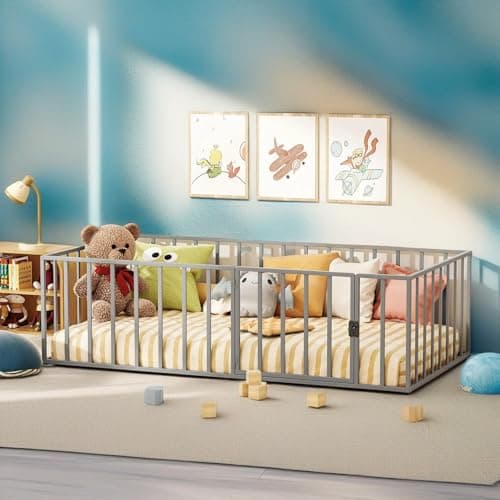 Metal Twin Floor Bed Frame with Safety Rail, Easy Assembly for Bedroom or Playroom