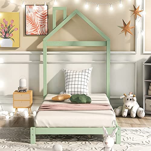 i-POOK Twin Size House Bed with White Roof and Chimney, No Box Spring Needed