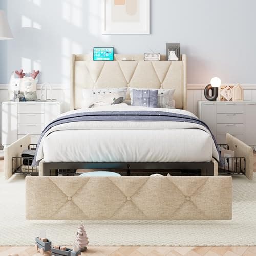 iPormis Dark Grey Queen Bed Frame with Storage & Charging Station