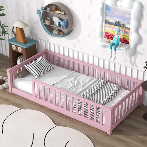 Montessori Twin Size Toddler Floor Bed with Wood Slats for Boys and Girls