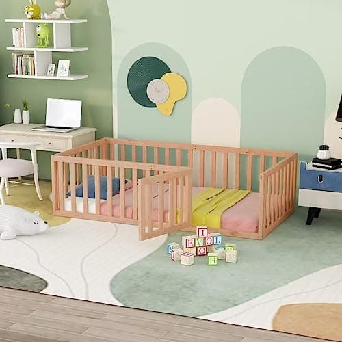 Twin Size Floor Bed with Fence and Door, Montessori Bed Frame for Boys and Girls