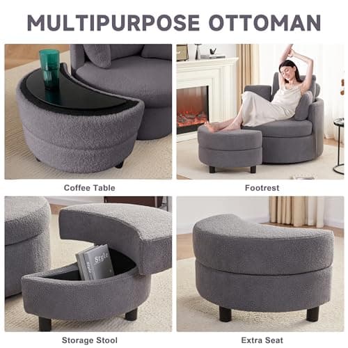 Modern Grey Swivel Chair with Half Moon Storage Ottoman & 3 Pillows for Living Room