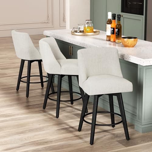26" Height Swivel Bar Stools, Ivory Fabric, Solid Wood Legs, Modern Kitchen Island Stools Set of 2