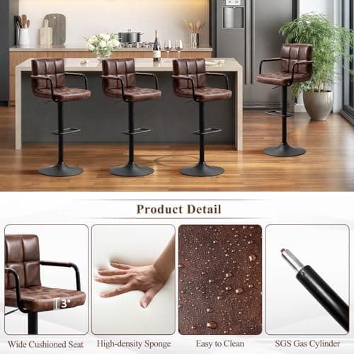 Furniliving Dark Brown Swivel Bar Stool Set, Adjustable Kitchen Counter Height