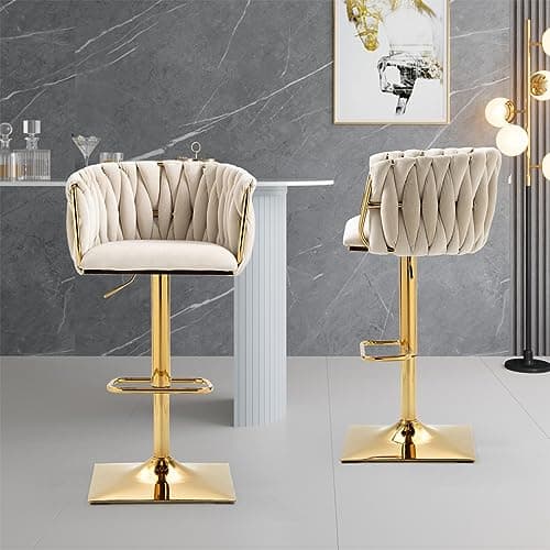Modern Fabric Upholstered Swivel Bar Stools Set of 2 with Adjustable Height, Woven Back, and Footrest, Ivory