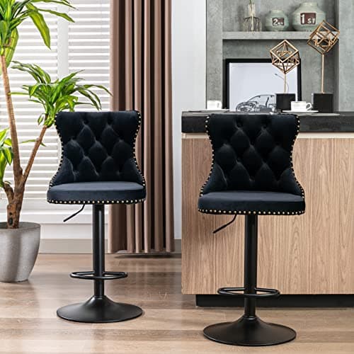 Modern Swivel Velvet Bar Stools Set of 2 with Backrest and Footrest - Black