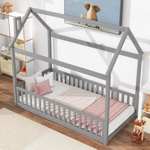 i-POOK Safety Guardrail Twin Bed with House Design, Solid Wood Slats Support, Natural Finish