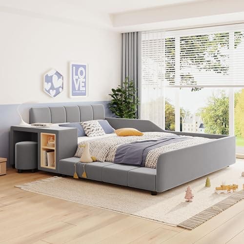 Beige Velvet Upholstered Queen Bed with Desk & Stool, No Box Spring Required
