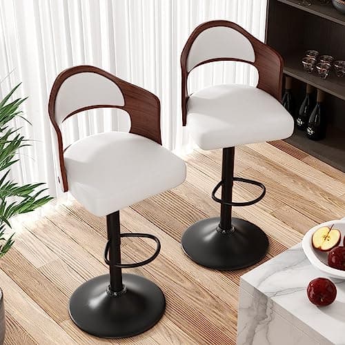 Adjustable Height Wooden Bar Stools Set PU Leatheratoi UTF8 Seat Back & Footrest
