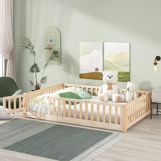 Solid Wood Platform Bed for Boys and Girls with Guardrails and Door Playhouse, Gray