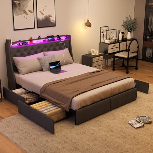 SADENICEL Full Size Bed Frame with Storage and LED Light, Charging Station, Grey