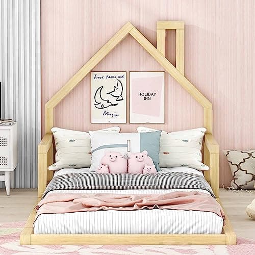 Harper & Bright Designs FullSize House-Shaped Kids Bed, Solid Wood Slats, No Box Spring Needed,Natural