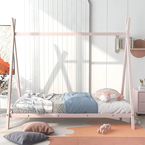 i-POOK Twin Size Metal Floor Bed with X-Shaped Frame, Pink