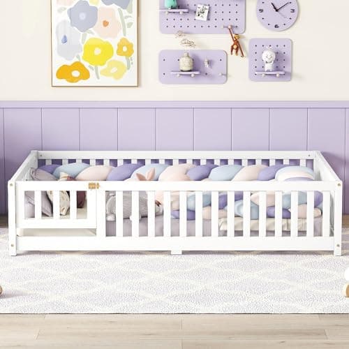 Montessori Wooden Floor Bed Frame with Fence & Headboard, White