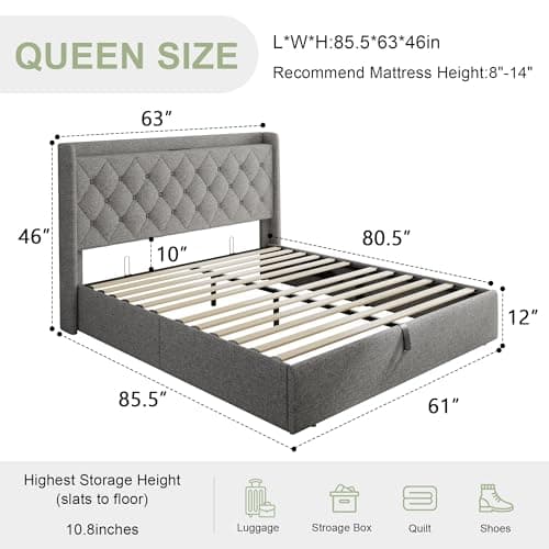 Feonase Queen Size Button Tufted Storage Bed with Charging Station, Light Gray