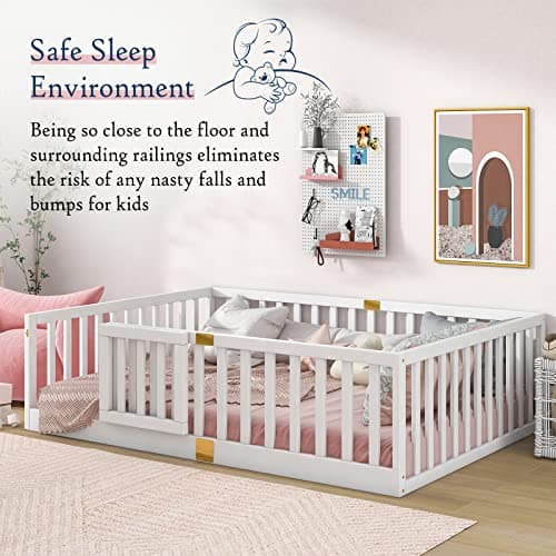 Tatub Full Montessori Floor Bed, Solid Wood, High Rails, Door Install Left or Right, Full-White