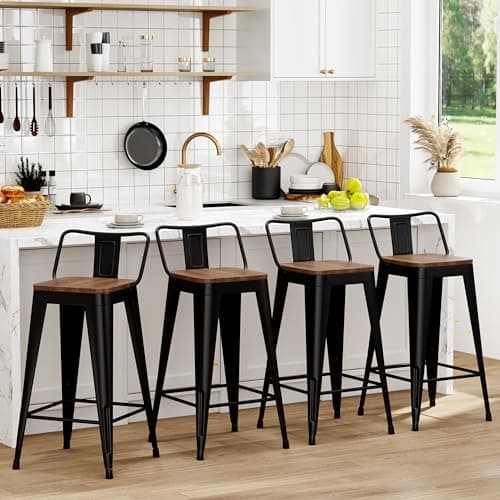 WENTMENT Black Wood Seat Counter Height Bar Stool Set of 4