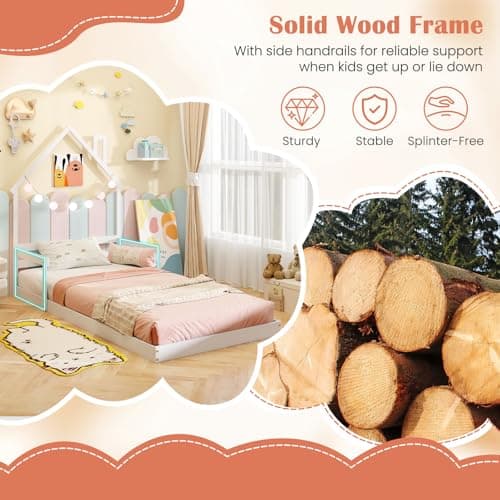 Giantex White Wood Floor Bed for Kids with Chimney Headboard & Handrail