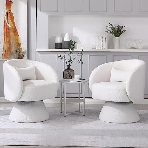 KIVENJAJA Sherpa Teddy 360° Swivel Armchair, White Pillowed Boucle Living Room Chair