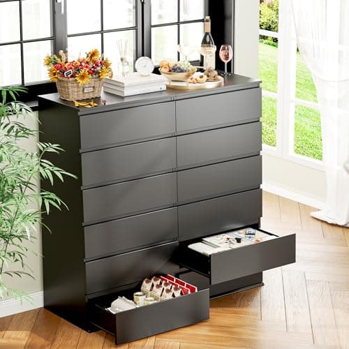 FOTOSOK Tall Black 6-Drawer Dresser with Metal Sliding Rail