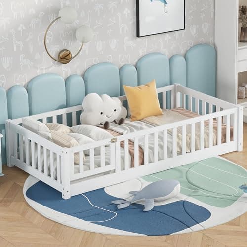 Twin Size Montessori Floor Bed with Door & Safety Guardrails, Solid White