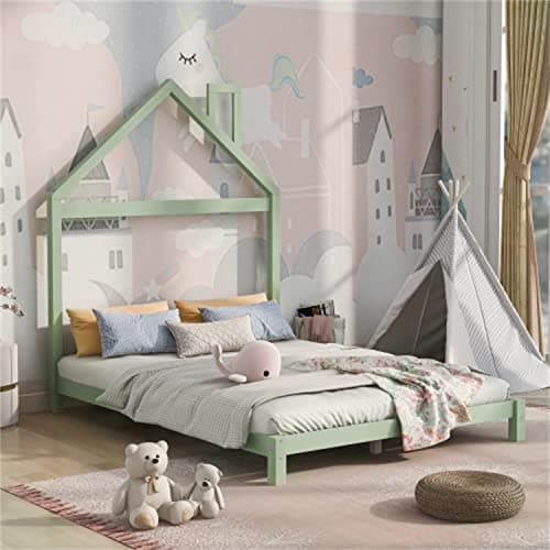 i-POOK Solid Wood Full Size Bed with House-Shaped Headboard, Green