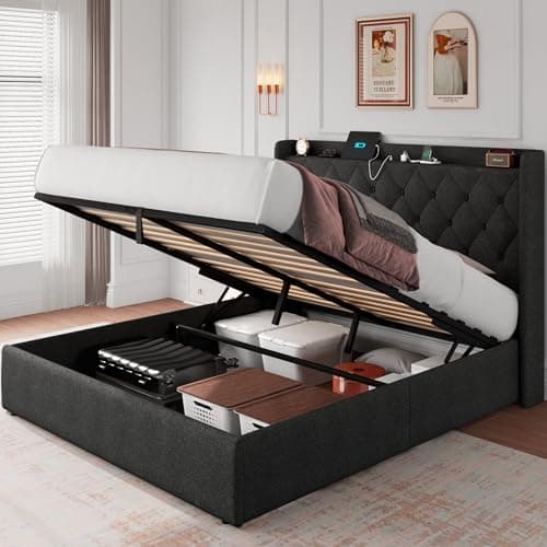 iPormis Queen Storage Bed with Charging Station, Light Grey