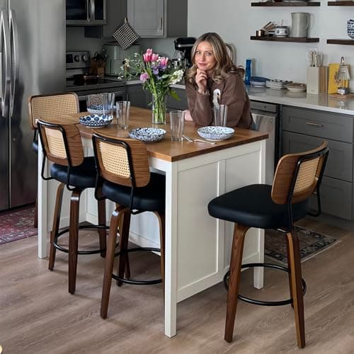 Mid Century Walnut Swivel Bar Stools with Cane Back (walnut beige)
