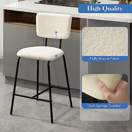 Set of 4 White Counter Height Bar Stools - Modern Upholstered Boucle Fabric Chairs