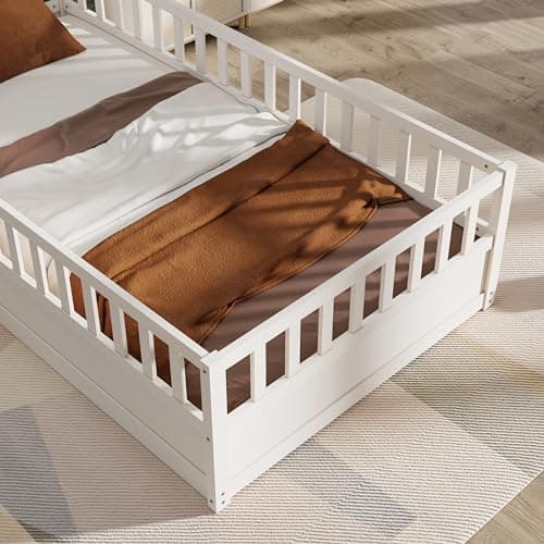 KEIKI Twin Montessori Floor Bed with Fence & Door, White