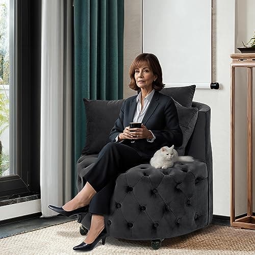 Modern Velvet Swivel Barrel Chair with 3 Pillows, 4 Wheels and 360 Degree Swivel