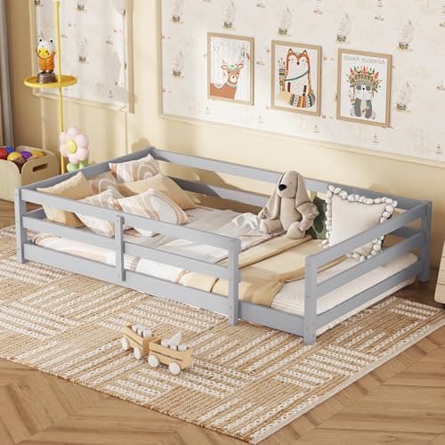 White Full-Size Montessori Floor Bed with Fence and Door
