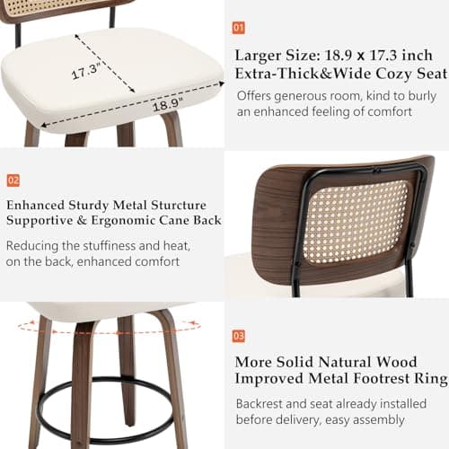 Mid Century Walnut Swivel Bar Stools with Cane Back (walnut beige)