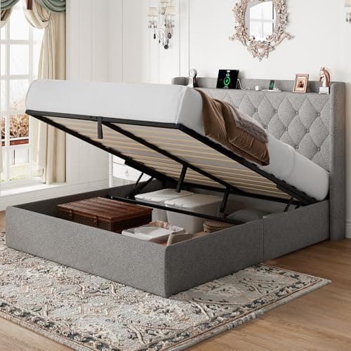 Feonase Queen Size Button Tufted Storage Bed with Charging Station, Light Gray