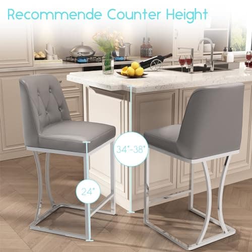 Silver Metal Frame Grey Bar Stools Set of 4 with Footrest