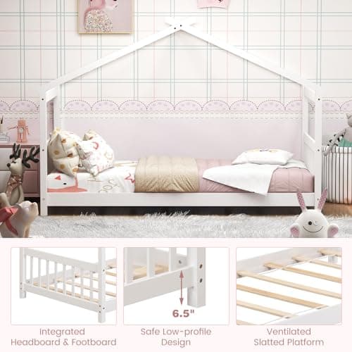 KOMFOTT Twin Wood House Bed for Kids, White, No Box Spring Needed